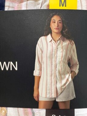 GAP Women's Pink & White Striped Linen Blend Button Down Shirt M